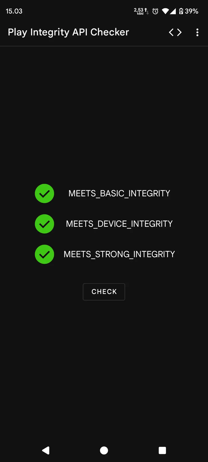 Tangkapan Layar Play Integrity API Checker berhasil lolos
